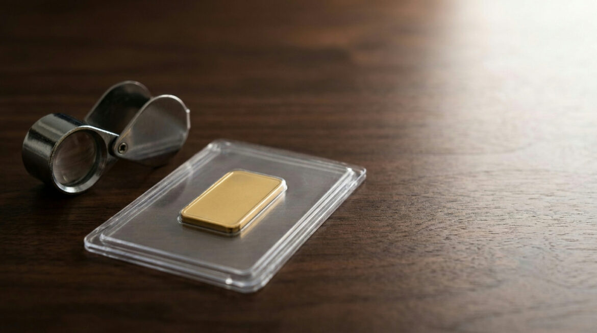 Gold bar sealed in an assay card beside a loupe, illustrating assay cards and certificates