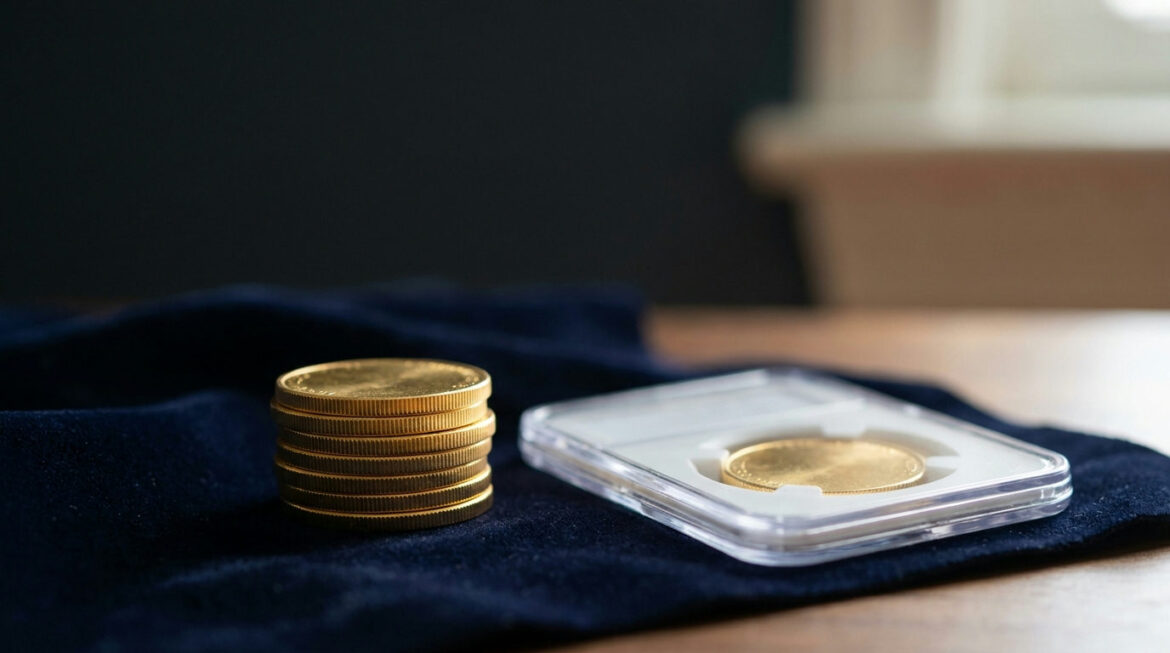 Stack of bullion coins beside a graded coin slab, comparing bullion vs numismatic coins