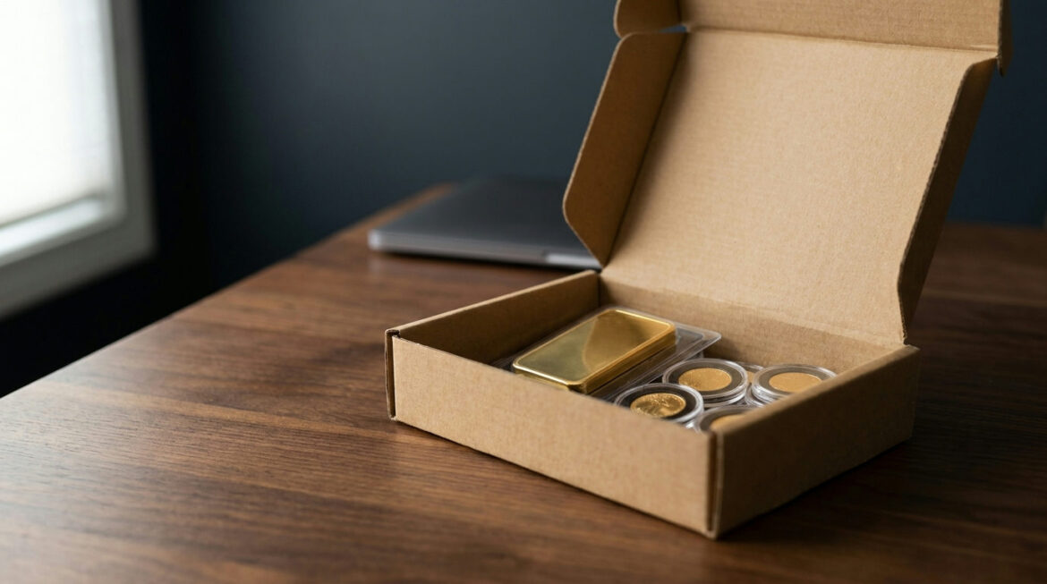 Opened shipping box with gold bar and coins, illustrating buying gold online safely