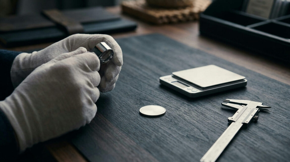 Gloved hands inspecting a coin with a loupe and scale to spot fake gold and silver coins