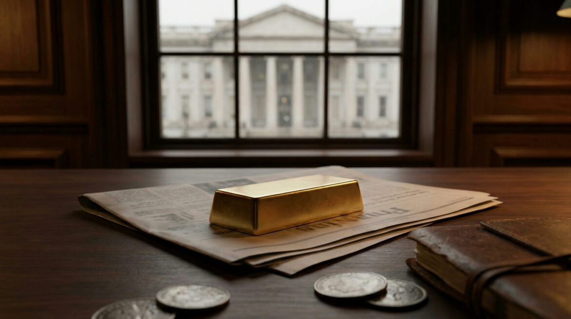 Gold bar on a financial newspaper, illustrating Fed rate decisions and gold
