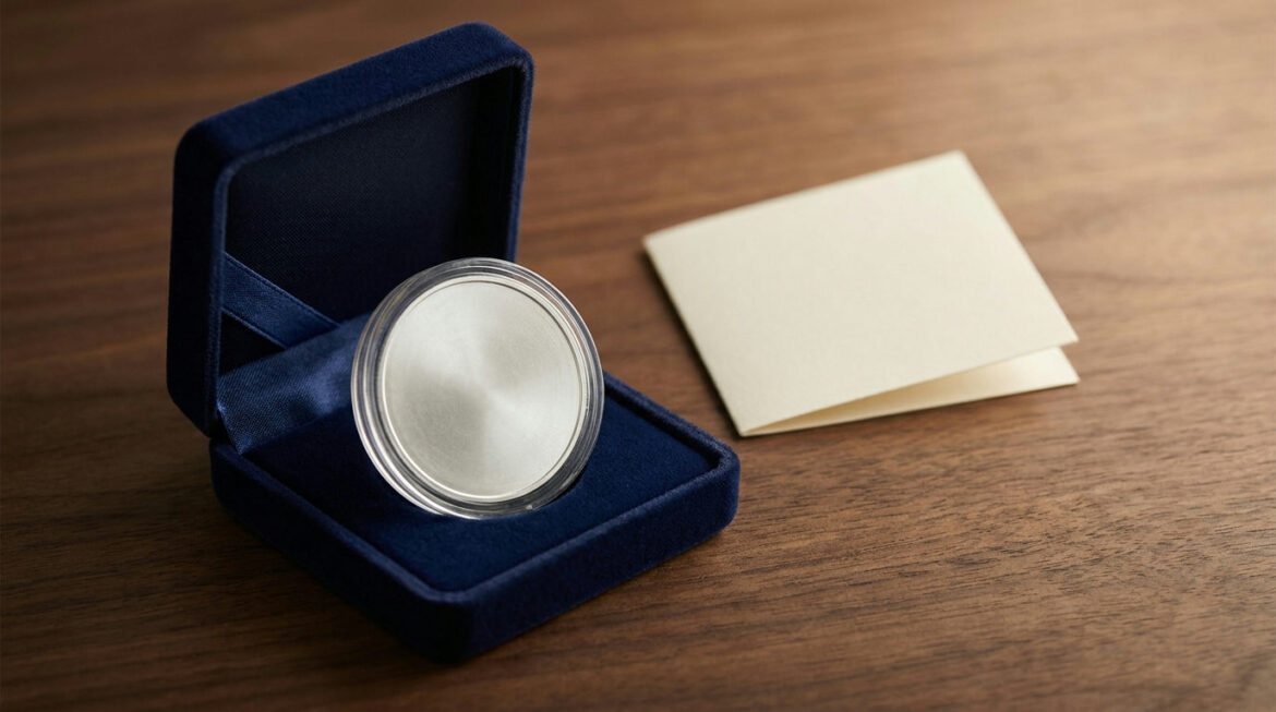 Silver coin in a gift box with a ribbon, illustrating gifting gold and silver