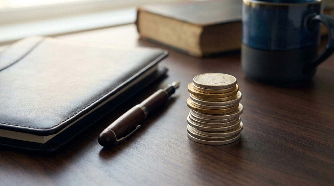 Gold and silver bullion coins beside a document folder, illustrating gold and silver IRAs