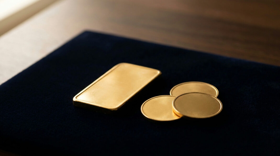 Gold bar beside gold bullion coins, comparing gold bars vs gold coins