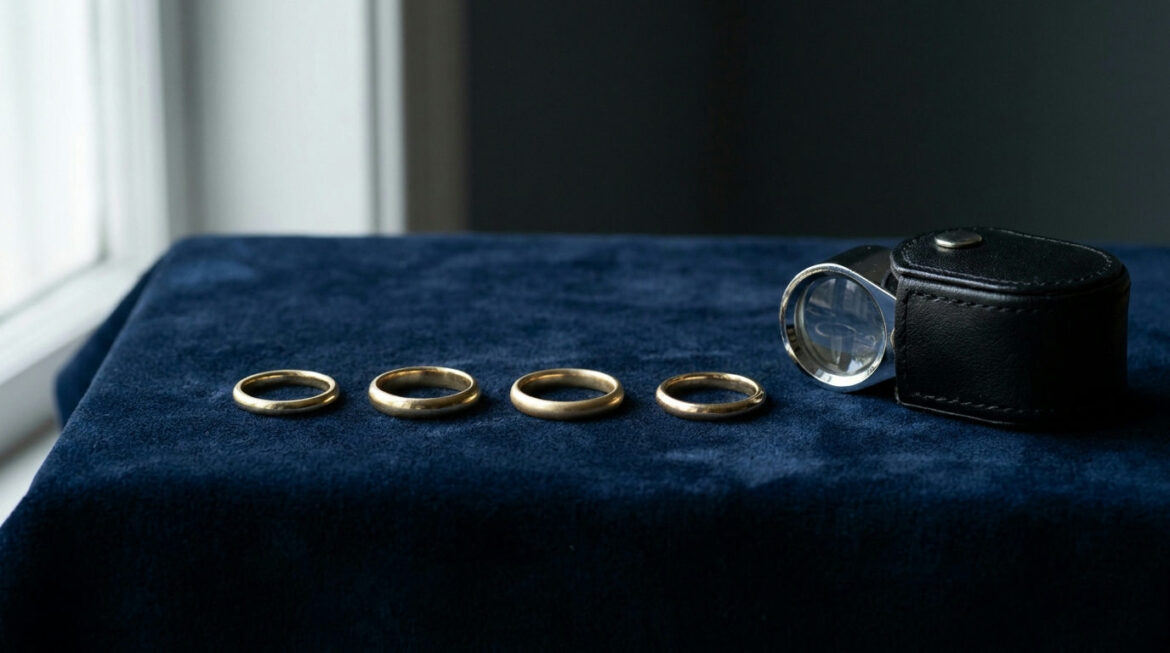 Gold rings of different tones with a loupe, illustrating gold karats explained