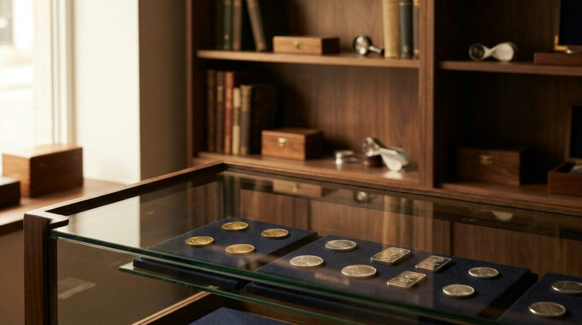 Coin shop display counter with gold and silver bullion, on how to choose a bullion dealer