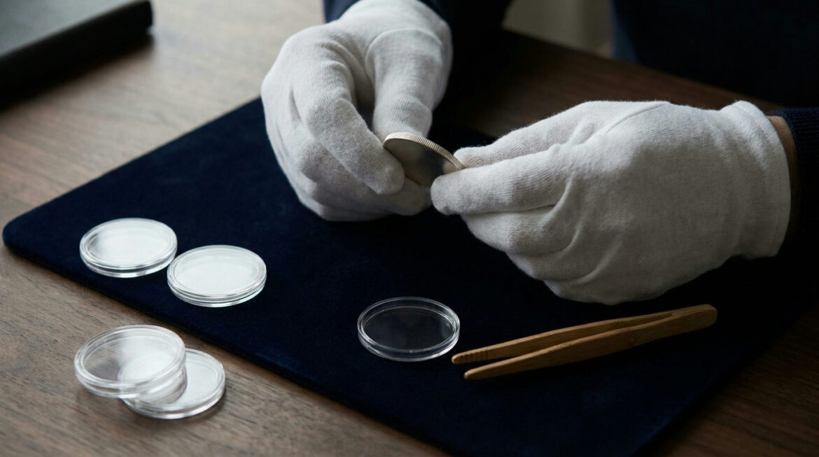 Gloved hands holding a silver coin by the edge, showing how to care for coins