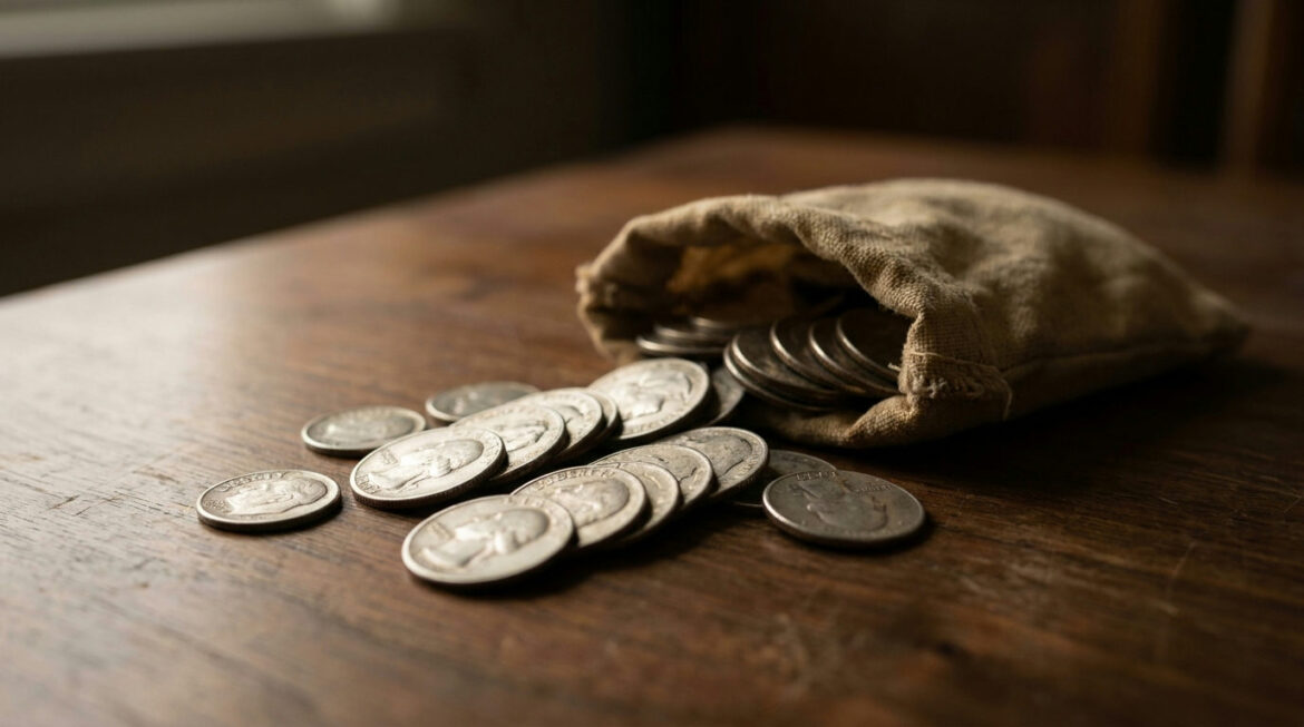 Worn pre-1965 dimes and quarters spilling from a canvas bag, showing junk silver coins