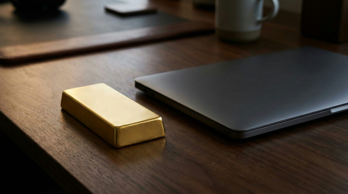 Gold bar beside a laptop, illustrating physical gold vs gold ETFs