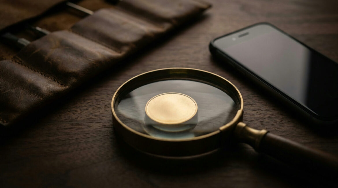 Gold coin under a magnifying glass beside a phone, warning about precious metals scams