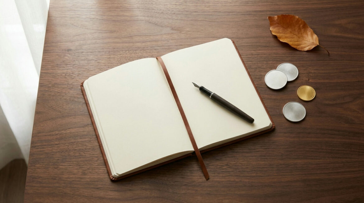 Notebook with silver rounds, a gold coin and an autumn leaf for a precious metals year-end checklist