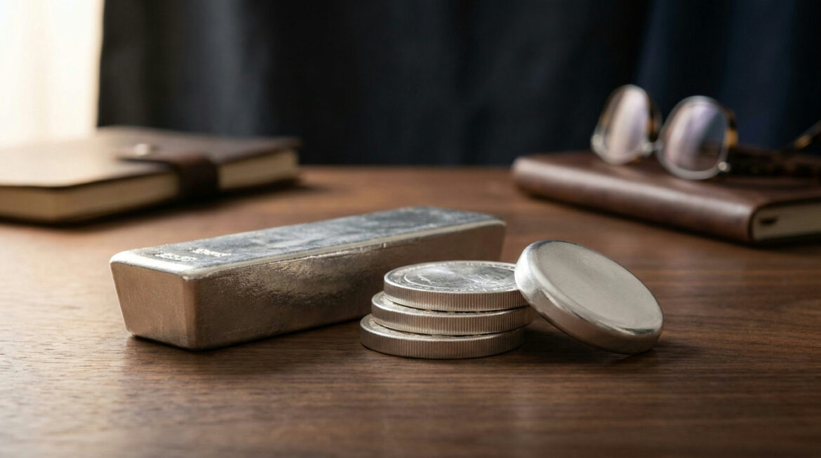 Silver bar beside silver coins and a round, comparing silver bars vs silver coins