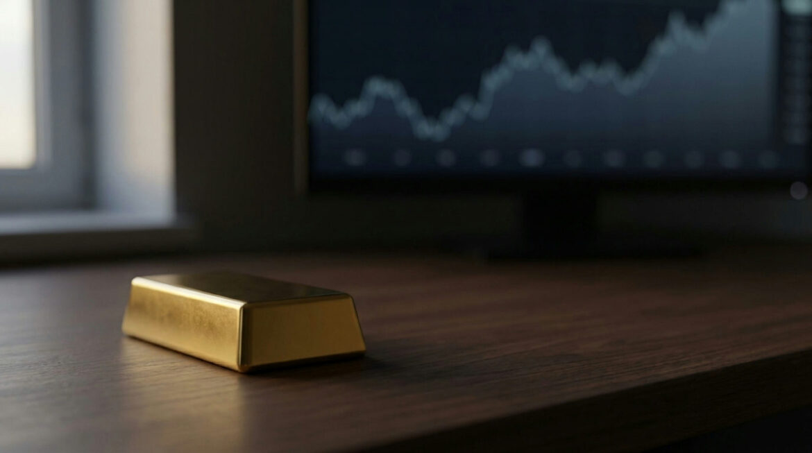 Gold bar beside a monitor glow, illustrating the LBMA gold price explained