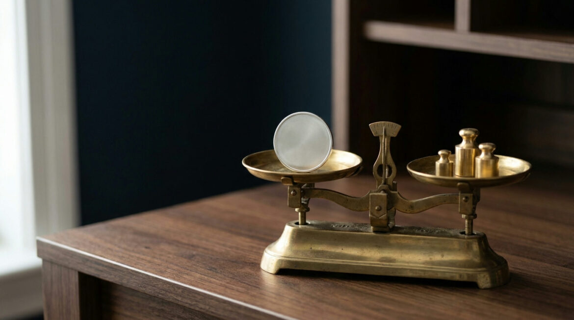 Silver round on a brass balance scale with weights, explaining troy ounce vs ounce