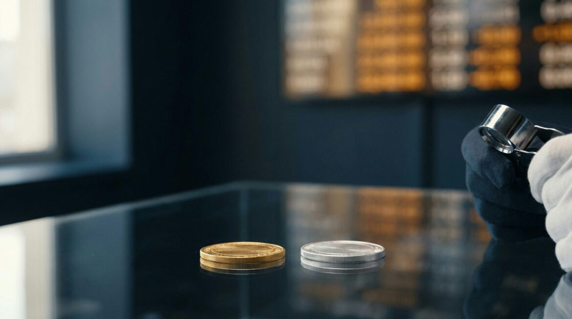 Gold coin and silver round on a dealer counter, illustrating spot price vs premium